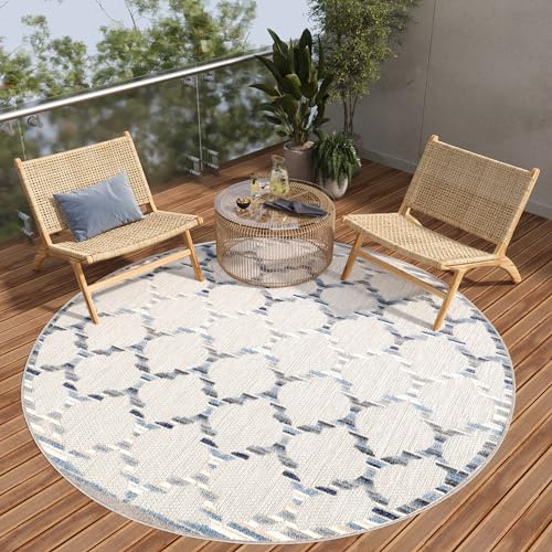 TAPISO Patio Redonda Alfombra de Pelo Corto Exterior Interior Resistente Moderna Efecto 3D Azul Gris Beige Crema Alfombra de Salón Terraza Cocina Habitación Balcón Oeko-Tex 200 x 200 cm