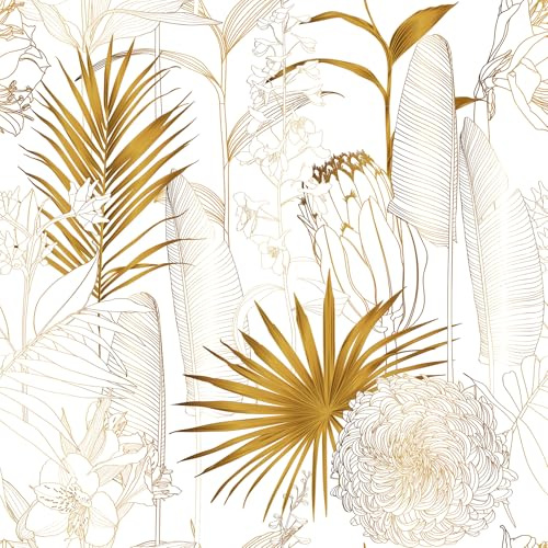 Selbstklebendes goldenes Palmblatt-Tapete 44,5cm x 3m - abnehmbares wasserdichtes Kontakt-Papier für Küche, Bad, Schlafzimmer, Wohnzimmer - Dekorative Vinyl