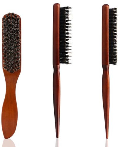 3 Stück Wildschweinborsten Bürste, Sleek Bun Bürste, Weiche Sleek Bürste mit Holzgriff, Bartkamm Haarbürste Sleek Look für Langes Dickes Lockiges Welliges Trockenes Oder Geschädigtes Haar
