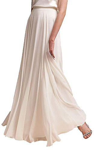 AiberLisha Long Maxi Floor Lengh Chiffon Skirt Elastic High Waist Bridesmaid Skirt Ivory L