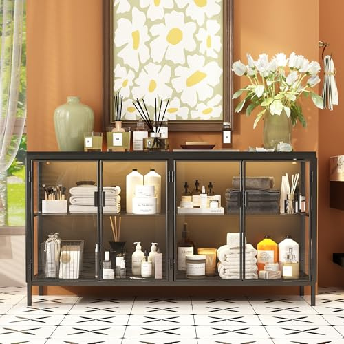 PREMTURE Vitrinenschrank Glasvitrine Vitrine Sideboard, Glasschrank,2-türiges Glas-Sideboard mit Eisenrahmen, schwarzer Glasschrank mit 3 farbigen Lichtleisten, 40 x 140 x 75 cm
