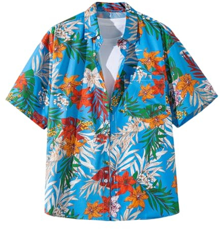 UHouse Chemise Hawaienne Homme Chemisette Manches Courtes Ete Chemises Décontracté Leger Vetement Court Habit Fin Cut Respirant Col Mao Button Down Bleu Clair L