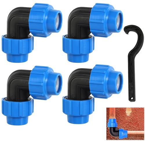PE Pipe Fitting, Pack of 4 Screw Connection for 25 mm Drinking Water, PE Pipe Screw Connection Angle 90°, PE Pipe 25 mm Connector Plastic PP Coupling with Wrench