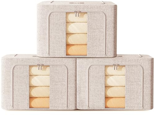 FYTXSZ Clothes Storage Boxes 66L with Metal Frame, Foldable Fabric Storage Bins with Lid and Clear Window, Stackable Organizer Box with Zipper and Handles for Closet, Bedroom (Oatmeal, 66L-3Pack)