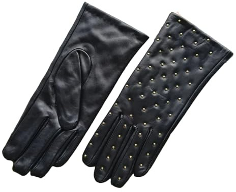 Damen Winter Schaffell Handschuhe Warm Fleece Nieten Stil Echtes Leder Handschuhe, Schwarz , 7
