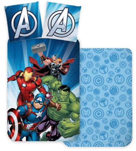 Avengers sängkläder enkel storlek | påslakan 140 x 200 cm med örngott 60 x 65 cm | 100 % bomull barn påslakan | vändbart superhjälte bäddset | Captain America, Iron Man, Hulk, Thor Design