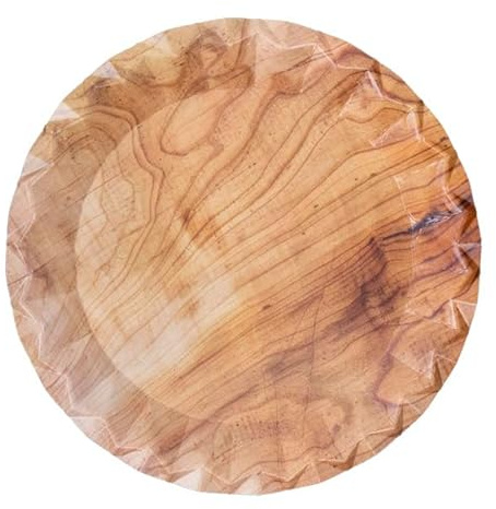 Monouso | 50 Platos de Cartón Diseño de Madera, Ø18cm, Color Natural, Vajilla Elegante, Eventos, Cumpleaños, Platos Desechables, Fiestas, Catering