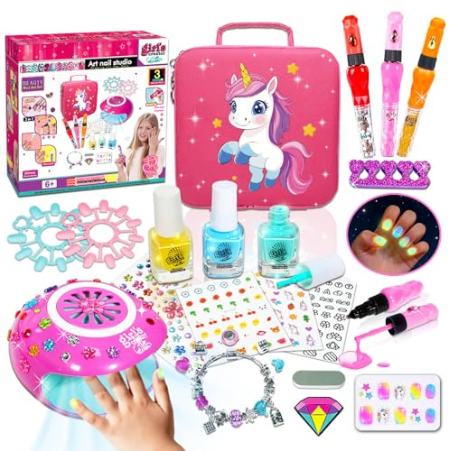Nagelstudio Kinder Mädchen, Nagellack für Kinder, Peel-Off Kindernagellack, Nageldesign Mädchen, 3-in-1 Nail Art Nagelset mit Nageltrockner, Schminkkoffer Geschenke 6 7 8 9 10 11 12 Jahre