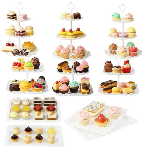 10 Pcs Cake Stand Set with 3x 2-Tier Cake Stands + 3x 3-Tier Cake Stands + 4X Appetizer Trays Cupcake Stand for Wedding Baby Shower Tea Party (10pcs white)