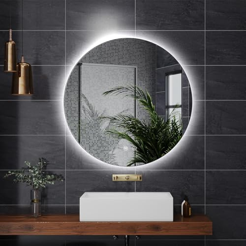 Trintion LED Spiegel Bad mit Beleuchtung 70 cm Rund – Touch-Schalter, Beschlagfrei, Dimmbar – Badezimmerspiegel mit Licht für Make-up & Rasur