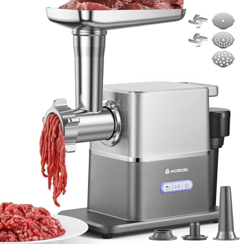 AAOBOSI 3000W Max Electric Meat Grinder, Pure Copper DC Motor with Ultra-Quiet & Auto-Reverse Non-Clogging Technology, Sausage & Kubbe Maker with 3 Cutting Plates & 2 Blades for Home Kitchen Use