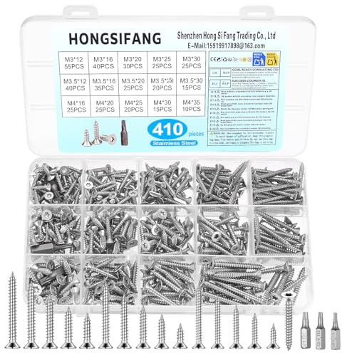 410 Pcs wood screws, Stainless Steel Countersunk Self Tapping Screws | M3 M3.5 M4, Cross Recessed Screws for Woods,for DIY Furniture and Repairs