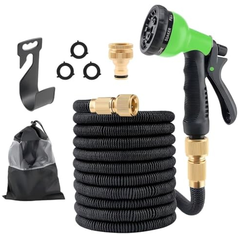 Tuyau Arrosage Extensible 30m/100ft, Tuyau D’arrosage avec 1/2 et 3/4 Adaptateurs, Tuyau Flexible Rétractable avec Pistolet Multi-fonctions, Raccords en Laiton, Crochet et sac de Rangement (Vert)