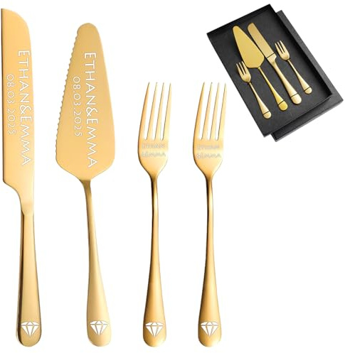 JJ GRADGOWN Personalised Wedding Cake and Server Set Stainless Steel Cake Cutting Set,Custom Cake Serving Set for Wedding Anniversary Engagement Birthday Gifts (Gold)