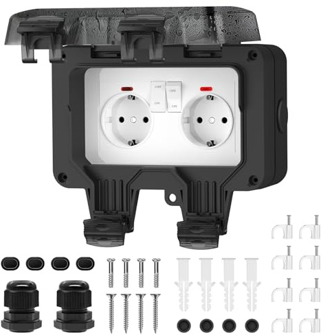 RICOKEY Aussensteckdose Wasserdicht IP66 Outdoor Wandsteckdose Aufputz | 2 Fach Gartensteckdose mit Klappdeckel, Aufputz, staubdicht wetterfest, für Feuchtraum & Garten, Schwarz