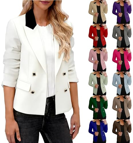 Kavaj, dam, sportig, elegant, kort blazer, rever, festlig, bröllop, kostymjacka | Blazer vit dam midja cocktail damkavaj öppen front kostym jacka vintage fritidsjacka med fickor för affärer vardag