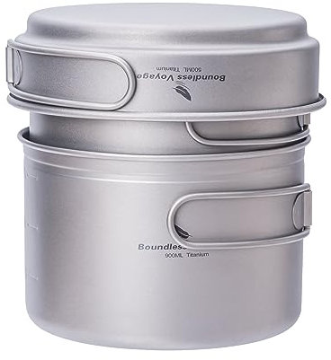 Boundless Voyage Camping Batterie de Cuisine Kit Pot en Titane Ensemble avec Poignée Pliante en Plein Air Cuisine Mess Kit Pots Pans Poêle Poêle Kit Mess Ti1587B
