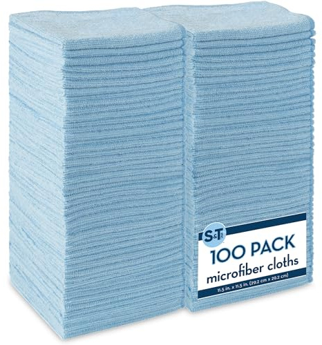 S&T INC. 100 Pack Microfiber Cleaning Cloth, Bulk Towels for Home, Reusable Microfiber Towels for Cars, Cleaning Rags, Light Blue, 11.5 Inches x 11.5 Inches, 100 Count