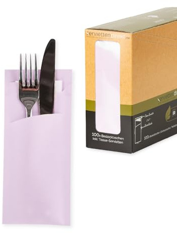 Prime Guest Bestecktasche Prime Fit 85x190mm Bestecktaschen mit Serviette in Weiß, 2-lagig Tissue, Besteckserviette ideal für Gastronomie und Feiern 100 Stück (Hellrosa)
