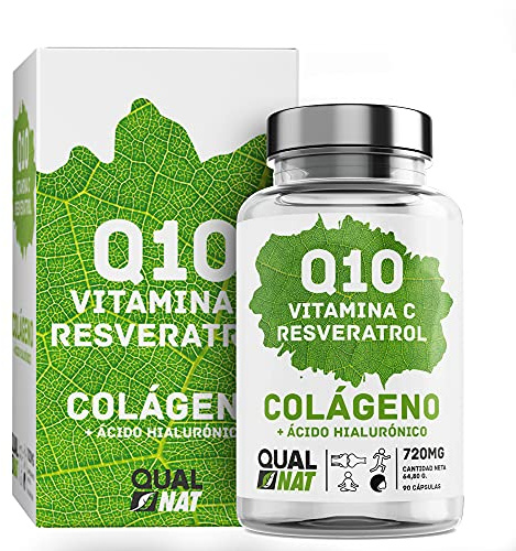 Colágeno Q10, Coenzima Q10 con Resveratrol, Vitamina C y Ácido Hialurónico - Ayuda a Fortalecer Piel, Huesos y Articulaciones - 90 Cápsulas - Plus de Hidratación de la Piel - QUALNAT