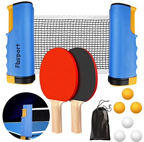 FBSPORT Table Tennis Set, Ping Pong Bats Set with 2 Paddles, 1 Retractable Net, 6 Balls, 1 Carrying Bag, for Trainer Adults Families Indoor Outdoor