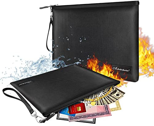 Sacchetto Antincendio Impermeabile, Anticlockwise Borsa per Documenti Ignifuga, Pochette Elegante in Pelle Uomo Nero, Borsa da Viaggio Uomo per Documenti, Contanti, Passaporto