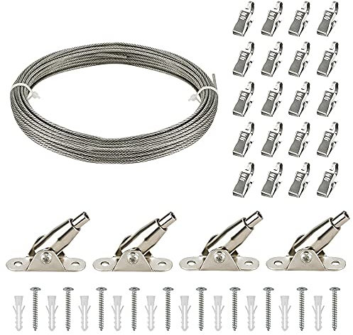 Vorhang Seilspanngarnitur Gardinen 10M Edelstahl Drahtseil Seilspannset mit 4 Eck-Halter für Decke oder Wand,Gardinendraht,Vorhangseil,Gardinenseil, Vorhangdraht