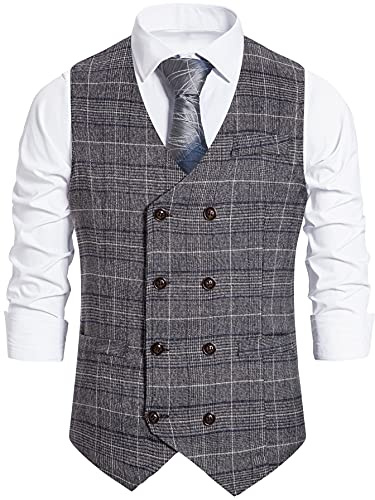 RONGKIM - Chaleco Clásico de Cachemira para Hombre, Doble Botonadura, Formal para Boda y Negocios, Cuadros y Negro, Small