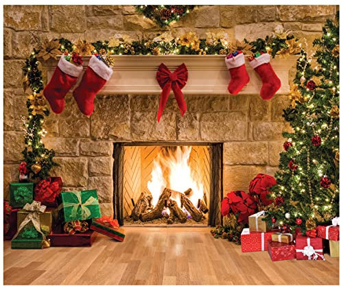 AIIKES 12x10FT Joyeux Noël Toile De Fond Arbre Chaussette Cadeau Famille Décorations De Fête Décors Bonne Année Noël Cheminée Thème Photographie Fond Photos Bannière Studio Décor Booth Props 11-209
