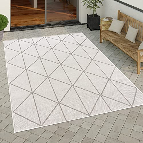 Paco Home Alfombra Salon De Habitacion Cocina Exterior Terraza Jardin Motivo Nordica Dibujo Geometrico Moderna Motivo Etnica Rombo, tamaño:160x220 cm, Color:Blanco