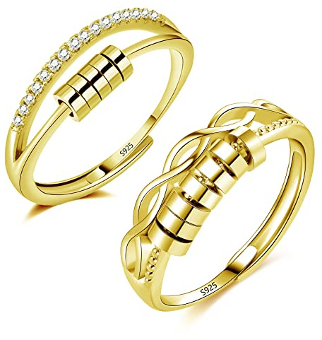 Cangall Silber Anxiety Rings, 2PCS 925 Sterling Silber Anti Stress Ringe Set, Offen verstellbar Silber Damen Angst Ringe Silber 925, Unendlichkeit Spinner Fidget Ringe Stimmungsring mit 5/7 Perlen