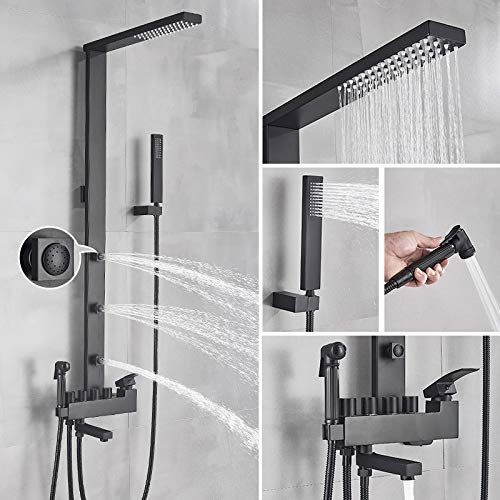 LIDCOM Mattschwarzes Duscharmatur-Kit Badezimmer-Duschsäule Regendusche Massage-SPA-Jets Bidet-Dusche mit Wanneneinlauf Brausebatterie,Mattschwarz A