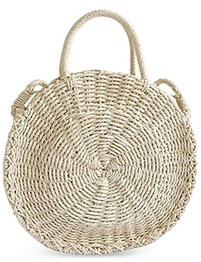 NICOLE & DORIS Sac Bandoulière Rond Femme Sac à Main en Paille Sac de Plage Bandoulière Sac en Rotin Sac D'épaule d'été Sac Epaule Léger pour Voyage Vacances Blanc