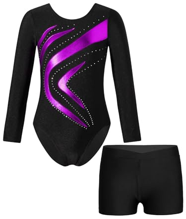 YiZYiF Mädchen Turnanzug Langarm Metallic-Kurvenmuster Trikot Gymnastik Shorts Set Kinder Ballett Tanzoutfit Wettbewerb Trainingsanzug A_Violett 122-128