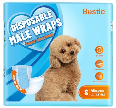 Bestle Male Dog Wrap, Disposable Dog Diapers, 40 Count, S (Waist 16.5”-19.7”), Wetness Indicator, Ultra Protection, Leak Proof, Super Absorbent, Soft