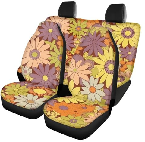Allcute Housses de siège de voiture universelles antidérapantes et souples - Style vintage hippie - Pour camion, SUV, van - Protection arrière et avant - Pour intérieur de voiture - Orange