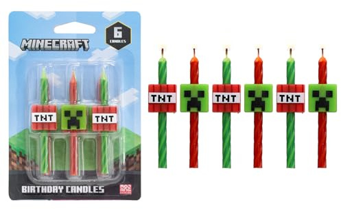 Minecraft Birthday Cake Candles | 6 Birthday Candles for Cake Decorations, Red & Green Striped Candles, Cake Toppers for Minecraft Party