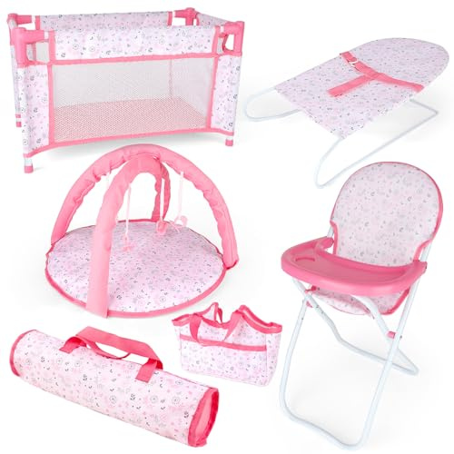 deAO Baby Doll Accessories12-14 Doll Playset with High Chair Crib Bed Play Mat Storage Bag Handbag - 6 in 1 Pink Dolls Playset with Furniture Gifts for Girls