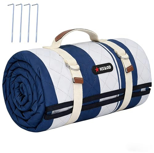 HX&OD Outdoor-Picknickdecke, extra groß, wasserdicht, Picknickmatte mit Heringen, faltbar, Campingdecke, tragbar mit Tragegurt für Strandmatte, Blau und Weiß, 203 x 203 cm