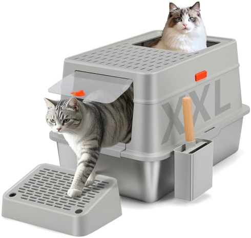 Edelstahl Katzenklo mit Deckel, 60.5*40.5*38 cm Katzentoilette Geschlossen | XXL Metall Katzenklo Edelstahl , 35L Große Kapazität, Schaufel und Fußpedal, Hoher Rand, Auslaufsicher und Leicht Reinigen