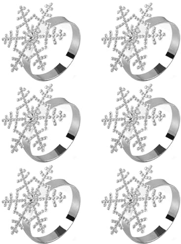 Christmas Napkin Rings, 6pcs Snowflake Napkin Buckle, Silver Napkin Ring Holder with Rhinestone for Christmas Thanksgiving Wedding Party Dinner Serviette Table Decor