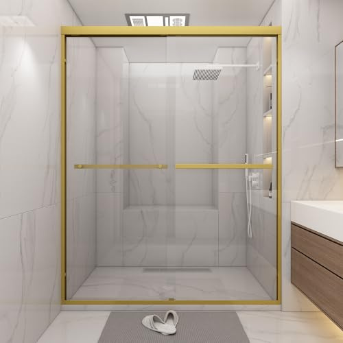 Bathlink Shower Door 56-60 W * 72 H, Brushed Gold Double Sliding Shower Door with 1/4(6mm) Tempered Glass, Shower Glass Door Easy to Clean