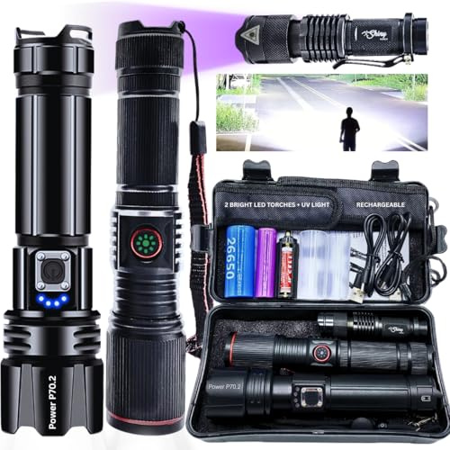 Shiny Torch Power P70.2 Bundle: Bright LED Rechargeable Torch & Flashlight - Includes Small Led UV Light, Tactical Flashlight for Camping, Heavy Duty Torches Led Super Bright Torches Battery Powered.