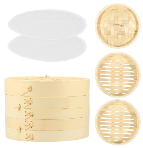 Hohota Bamboo Steamer 2 Layer Steaming Basket with Lid and Steaming Cloth Dumpling Steamer Veggie Fish Seafood Kitchen Cooking Tools(20cm)