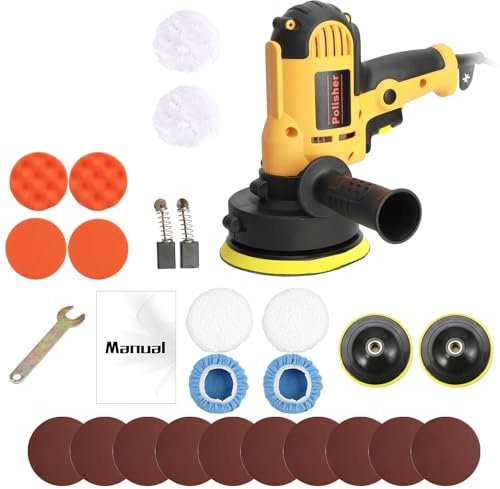 ohfruit Mini-Poliermaschine, 700 W, Auto-Poliermaschine, Exzenter-Poliermaschine, 125 mm, Geschwindigkeit 600–3600 U/min, mit Seitengriff, Polierschwamm-Set für Auto, Möbel, Metall Gelb