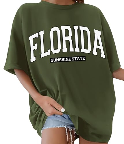 Lonya Camisetas Manga Corta Mujer Oversize Letras Creativas Verano Camisetas Basicas Cuello Redondo T-Shirt Tallas Grandes Algodón Top Mujer Casual Camiseta Holgada Estampado Blusa, Verde Ejército, M