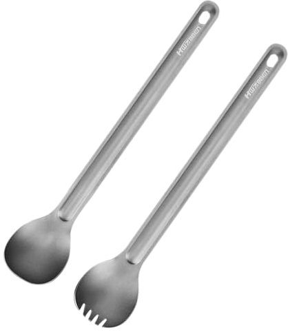 Hanzete 2pcs Ti Long Handle Cutlery Spoon and Spork Set for Outdoor Camping Backpacking Picnic
