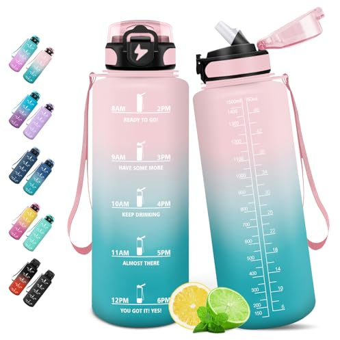 HoneyHolly Trinkflasche 1.5L mit Strohhalm, Auslaufsicher, Wasserflasche, mit Zeitmarkierung, Trinkflasche Kohlensäure Geeignet für Outdoor, Radfahren, Fitness, Yoga, Sport