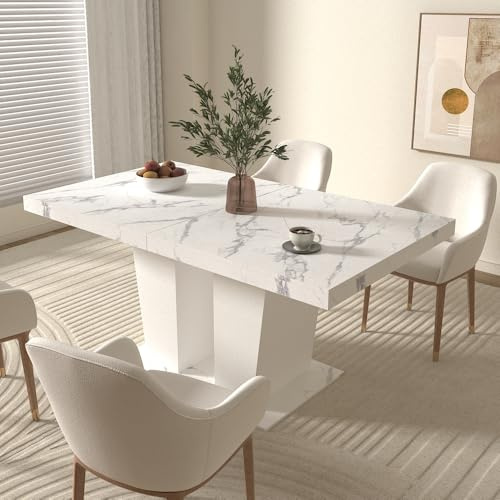 KEIKI Extendable Dining Room Table for 6-10 Person, Modern Large Rectangular Kitchen Tables w/Dual Column Pedestal Base for Kitchen Living Room, White Marble