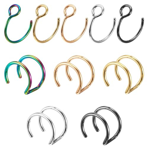 Psyqtsuary Lot de 10 faux Piercings nez en acier inoxydable - 8 mm - Anneaux de nez et septum - 5 couleurs, 2 styles, Acier inoxydable, No Gemstone